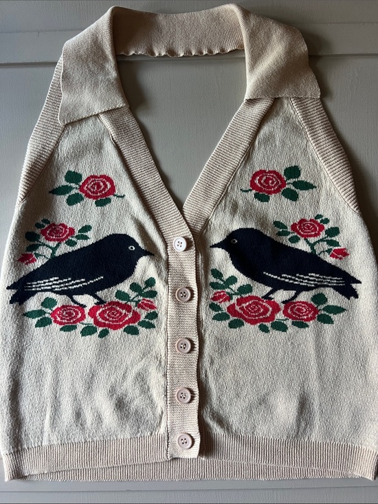 OXKnit Sweaters - OxKnit Vintage-Inspired Cream Knit Button-Up Sweater Vest with Rose & Bird Motif